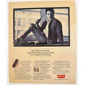 Vintage 1985 Levis John Keller Meucci Pool Cue Demin Jean Advertisement Print Ad